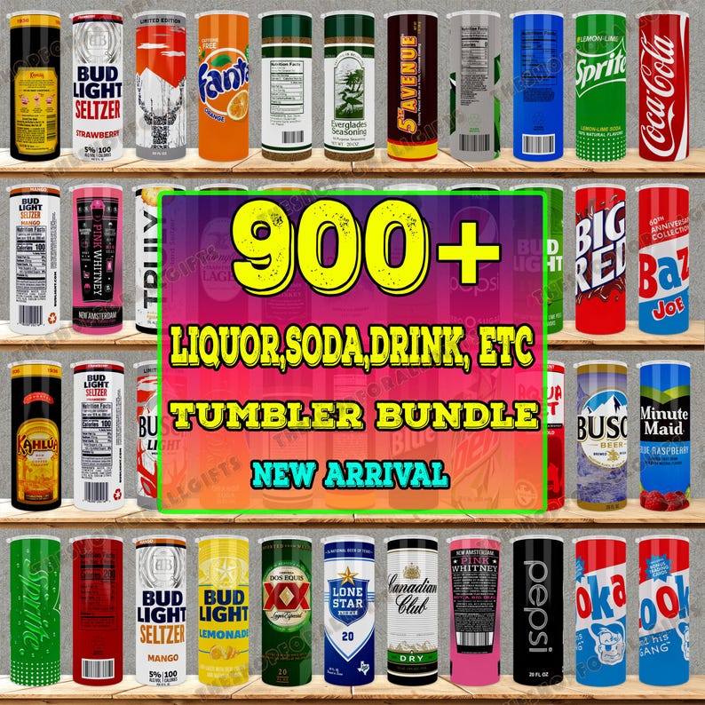 May include: A collection of various beverage tumblers, including soda, liquor, and drink brands. The image features a variety of colors and designs, with text that reads "900+ TUMBLER BUNDLE NEW ARRIVAL". The tumblers are displayed on wooden shelves.
