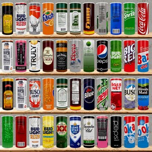 May include: A collection of various beverage cans and containers, including sodas, seltzers, and alcoholic drinks, arranged on wooden shelves. Brands include Bud Light, Coca-Cola, Pepsi, and others. The cans display colorful labels and logos.