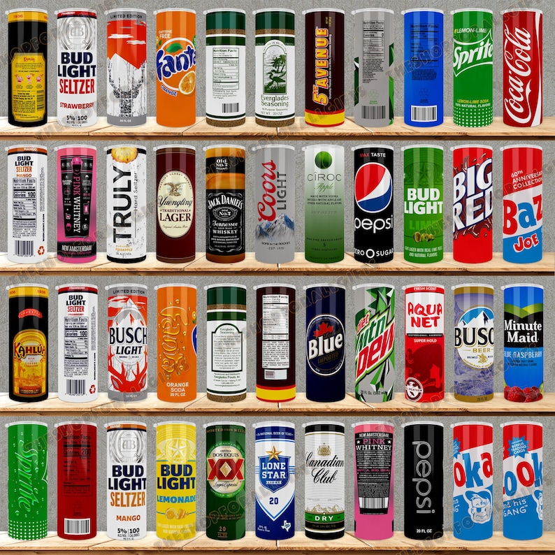 May include: A collection of various beverage cans and containers, including sodas, seltzers, and alcoholic drinks, arranged on wooden shelves. Brands include Bud Light, Coca-Cola, Pepsi, and others. The cans display colorful labels and logos.