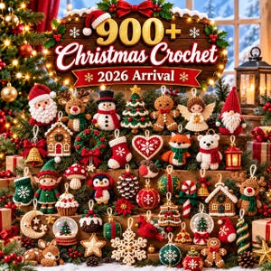 May include: A collection of various crocheted Christmas ornaments including Santa, a snowman, a gingerbread person, an angel, a reindeer, a fox, a bear, a penguin, a mushroom, a stocking, a heart, and a snowflake on a wooden display.