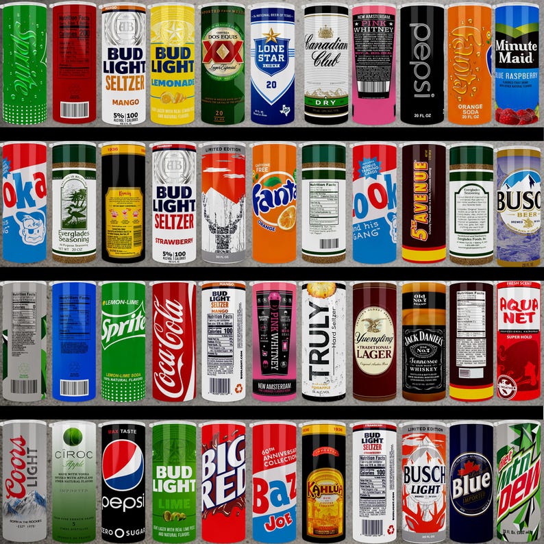 May include: A collection of various beverage cans, including sodas, seltzers, and beers. The cans display a variety of brands, colors, and designs, such as Bud Light, Coca-Cola, Pepsi, and Fanta. The image showcases a diverse selection of canned drinks.