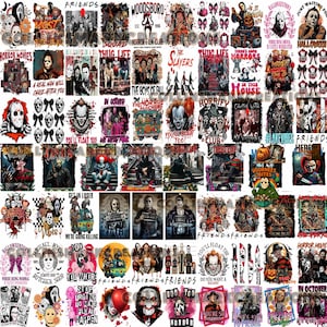Puede incluir: Un collage digital que presenta numerosos personajes y temas de películas de terror, incluidos Michael Myers, Pennywise y Ghostface. Los diseños incorporan varios elementos de texto como 'Woodsboro', 'Thug Life' y 'You'll Float Too' en colores vivos.