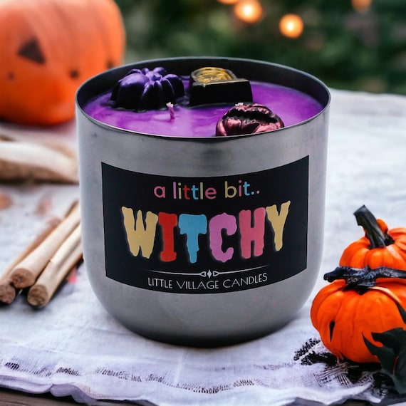 Witchy Halloween Candle – Purple Soy Wax, Chocolate Scent, Cauldron Holder