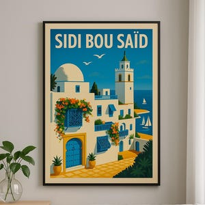 Tableau Sidi Bou Said Tunisie decoration murales affiche d'illustration, décoration de maison, poster, idée cadeau, impression de voyage
