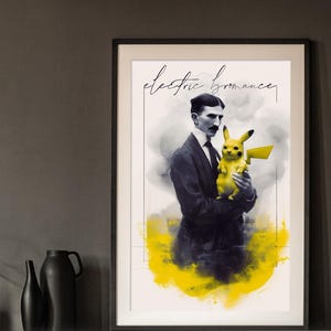 Tesla and Pikachu electric bromance, fanart poster digital art, wall art deco, unique pictures for your home, office, apartment, shop