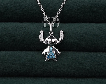 Lilo & Stitch Pendant Necklace, Cute Stitch Pendant, TV-Movie Character Jewelry, Multi Color Round CZ Stone Cartoon Inspired Jewelry For Her