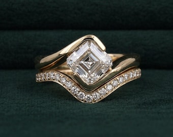 Tension Set Asscher Cut Moissanite Diamond Engagement Ring Set,  Solitaire Ring With Curved Band, Wedding Bridal Ring Set In 14K Yellow Gold