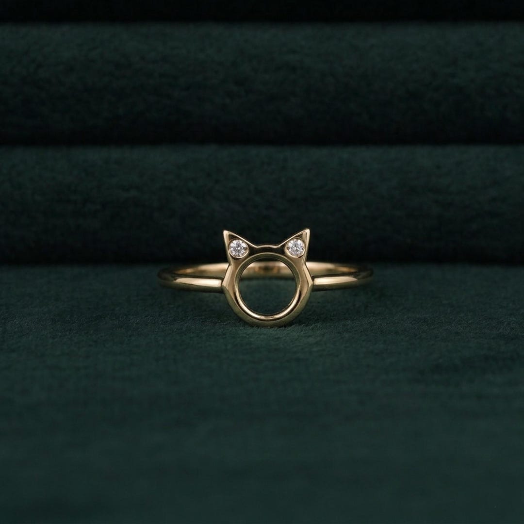 Cute Cat Ring, Moissanite Diamond Kitty Ring, Delicate Gold Cat Face ...