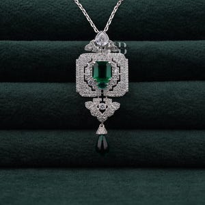 Multi Shape CZ Stone Art Deco Pendant Necklace, Gemstone Drop Necklace, 925 Silver With Chain Pendant, Retro Necklace, Wedding Necklace