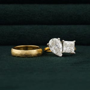 Two Stone Ring With Plain Wide Band, Pear & Princess Moissanite Diamond Bridal Ring Set, Toi Et Moi Engagement Ring Set, Party Wear Ring Set