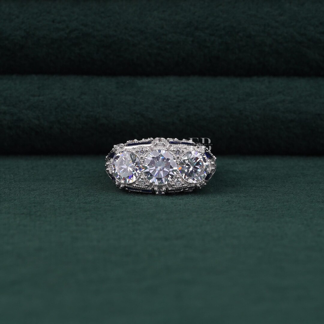 Art Deco Sapphire Wedding Ring, Vintage Style Three Stone Engagement ...