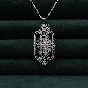 Art Deco Vintage Style Pendant Necklace, Filigree Pendant Necklace, Edwardian Wedding Necklace, Round Moissanite Diamond Solitaire Necklace