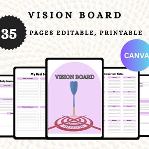 May include: A digital vision board template with 35 pages, editable and printable in Canva. The template features a pink background with a dartboard and the words "Vision Board" and "Mission".
