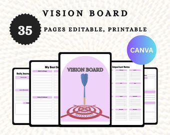 May include: A digital vision board template with 35 pages, editable and printable in Canva. The template features a pink background with a dartboard and the words "Vision Board" and "Mission".