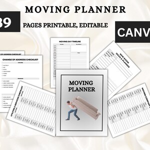 Peut inclure: Un planificateur de déménagement imprimable de 39 pages, conçu pour être utilisé avec Canva. Le planificateur comprend des listes de contrôle pour le changement d'adresse, les services publics et les services, le calendrier du jour du déménagement, les idées de nouvelles pièces et les contacts des entreprises de déménagement.