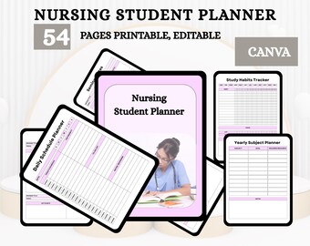 May include: A printable nursing student planner with 54 pages. The planner includes a daily schedule, study habits tracker, and yearly subject planner. The planner is designed to help nursing students stay organized and on track with their studies.