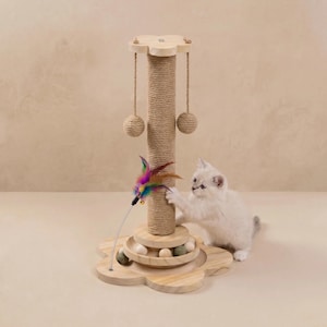 Small Cat Scratching Post with Interactive Toys, Solid Pine Wood Cat Scratcher Tower with Hanging Ball, Cat Wand & Catnip Track