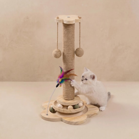Small Cat Scratching Post with Interactive Toys, Solid Pine Wood Cat Scratcher Tower with Hanging Ball, Cat Wand & Catnip Track