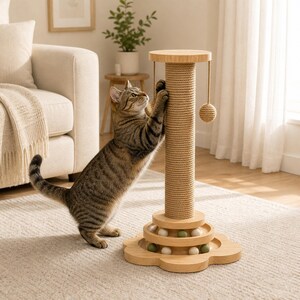 Small Cat Scratching Post with Interactive Toys, Solid Pine Wood Cat Scratcher Tower with Hanging Ball, Cat Wand & Catnip Track image 13