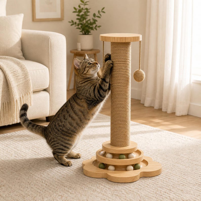 Small Cat Scratching Post with Interactive Toys, Solid Pine Wood Cat Scratcher Tower with Hanging Ball, Cat Wand & Catnip Track image 13