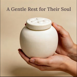 Cream white ceramic pet urn with subtle paw print on the lid, used as a keepsake urn for beloved dog or cat ashes.