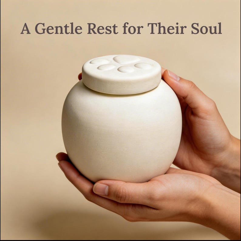 Cream white ceramic pet urn with subtle paw print on the lid, used as a keepsake urn for beloved dog or cat ashes.