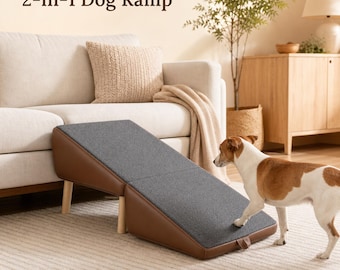 Dog Ramp for Couch and Bed, 2 in 1 Foldable Pet Steps Ottoman, Wooden Dog Stairs for Small Dogs Cats, Brown Pet Ramp