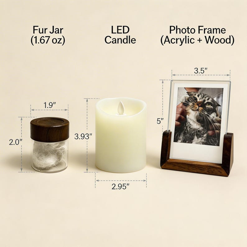 May include: A set containing a 1.9 by 2.0 inch glass fur jar with a wooden lid, a 2.95 by 3.93 inch cylindrical white LED candle, and a 3.5 by 5 inch acrylic and wood photo frame displaying a photograph of a cat, with dimensions labeled.