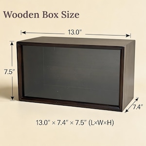 Size guide for walnut pet memorial box showing exterior dimensions 13.0 by 7.4 by 7.5 inches and interior space for urn, candle, photo, and keepsakes.
