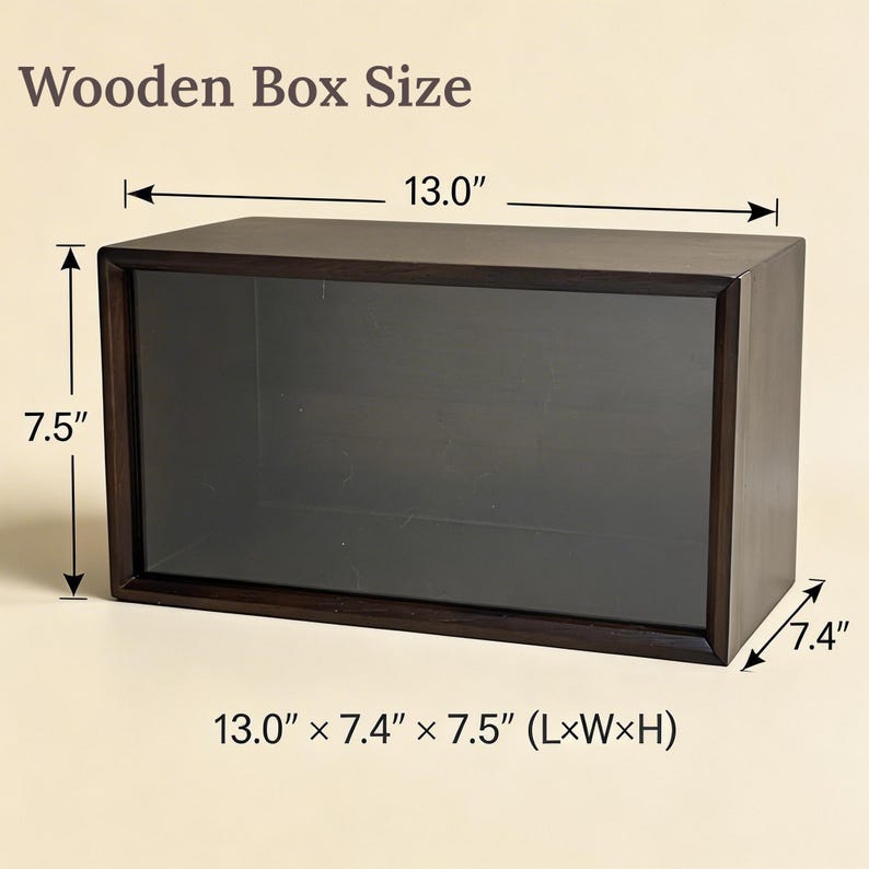 Size guide for walnut pet memorial box showing exterior dimensions 13.0 by 7.4 by 7.5 inches and interior space for urn, candle, photo, and keepsakes.