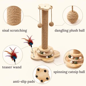 Small Cat Scratching Post with Interactive Toys, Solid Pine Wood Cat Scratcher Tower with Hanging Ball, Cat Wand & Catnip Track image 4