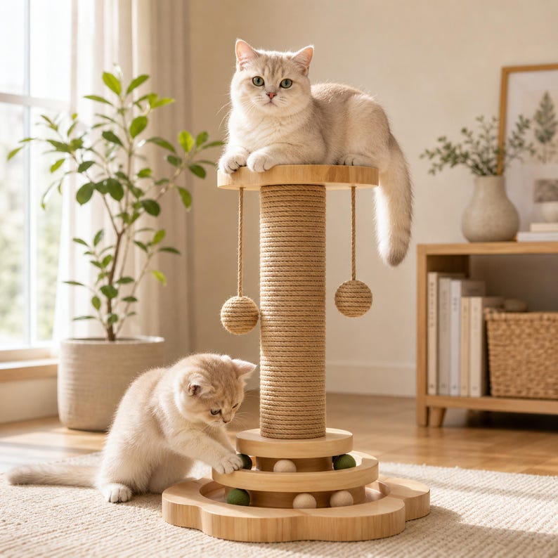 May include: A light-colored cat sits atop a cylindrical scratching post wrapped in tan sisal rope, featuring two hanging ball toys. A second cat plays with small wooden balls set within the circular, flower-shaped wooden base.