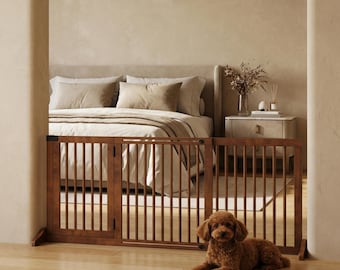 Freestanding Wooden Pet Gate with Door, Adjustable Dog Gate for Doorways & Stairs, No Drill Safety Gate for Small Medium Dog, Indoor Barrier