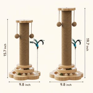 May include: Two cat scratching posts with a flower-shaped base and top. The left post is 15.7 inches tall, and the right is 19.7 inches tall. Both have a 9.8-inch wide base, sisal-wrapped columns, hanging ball toys, and a spring-mounted feather toy.