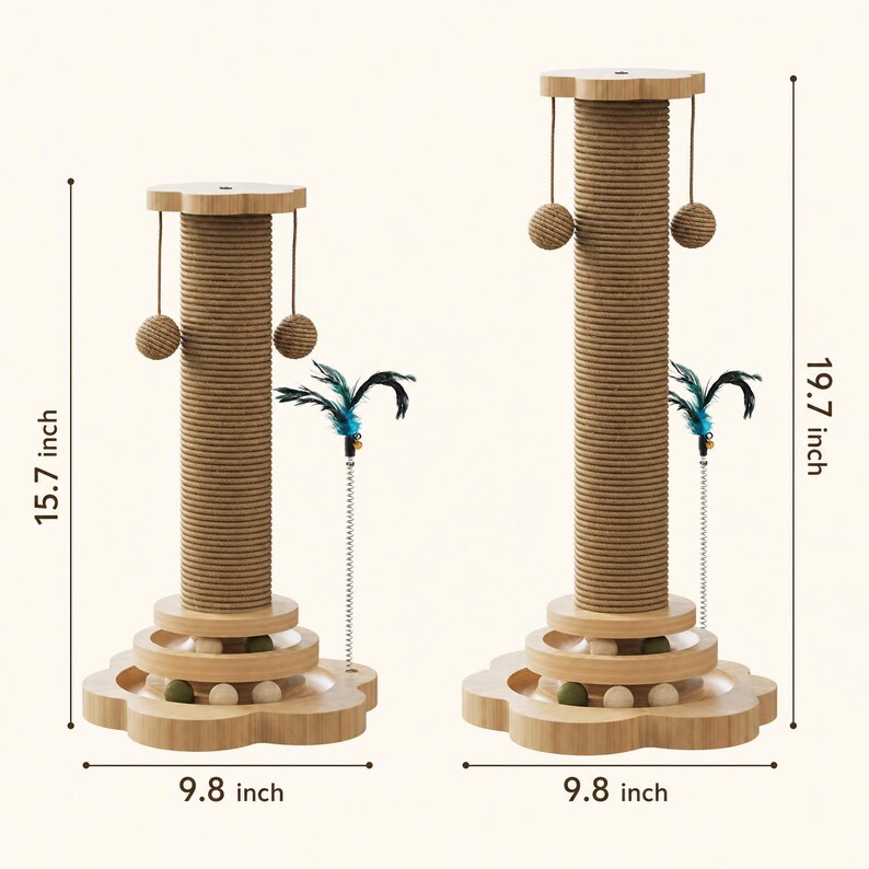 May include: Two cat scratching posts with a flower-shaped base and top. The left post is 15.7 inches tall, and the right is 19.7 inches tall. Both have a 9.8-inch wide base, sisal-wrapped columns, hanging ball toys, and a spring-mounted feather toy.