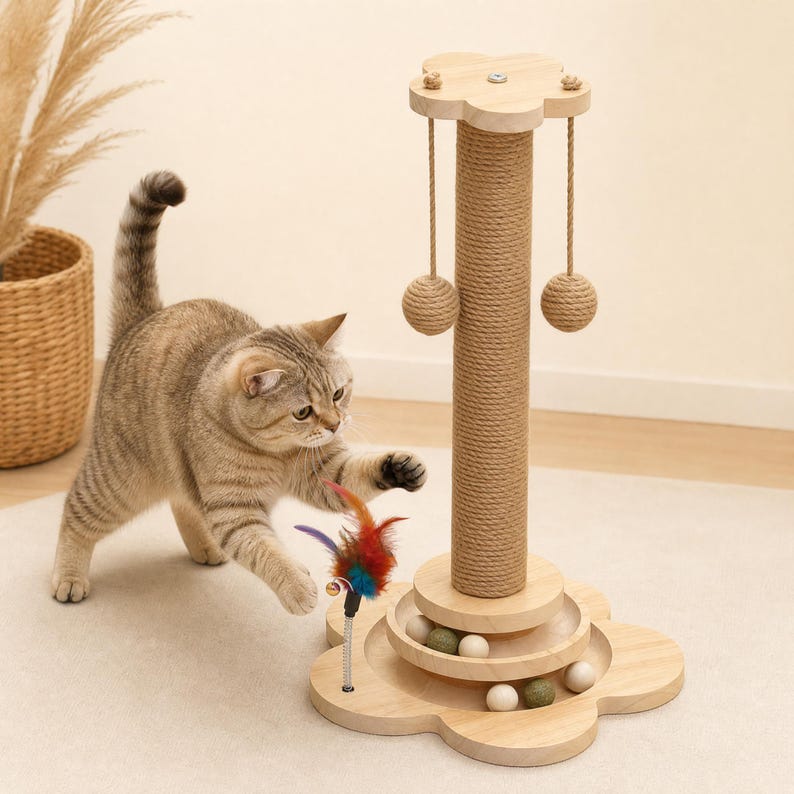 May include: A light brown tabby cat plays with a cat scratching post featuring a central sisal-wrapped pillar, a flower-shaped wooden base with a ball track containing small spheres, and two hanging sisal balls suspended from a flower-shaped top.