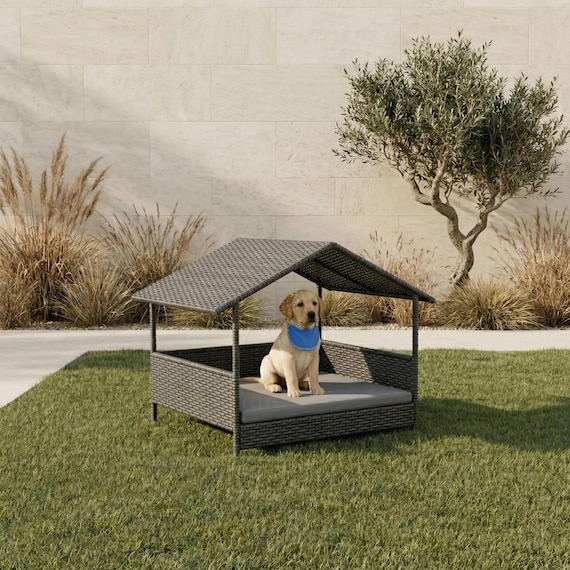 Outdoor Dog Bed with Canopy, Elevated Pet Bed, Waterproof Rattan Dog Lounge, Patio Pet Furniture, Large Dog Bed, Garden Dog Bed