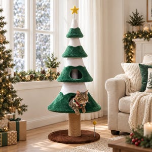 May include: A cat tree shaped like a Christmas tree with alternating green and white plush tiers, a brown circular base, a sisal-wrapped central post, and a yellow star topper. A tabby cat sits inside the lower opening of the tree structure.