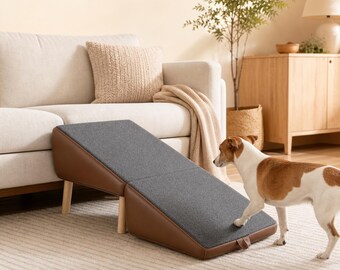 Dog Ramp for Couch and Bed, 2 in 1 Foldable Pet Steps Ottoman, Wooden Dog Stairs for Small Dogs Cats, Brown Pet Ramp