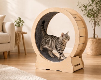 Cat Exercise Wheel for Indoor Cats, 29.5 Inch Wooden Cat Treadmill with Carpet Track, Cat Running Wheel, Modern Pet Furniture