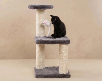Small Cat Scratching Post with Plush Perch, Compact Cat Tree for Indoor Cats, Sisal Scratcher Tower with Hanging Mouse Toy, Cat Climber