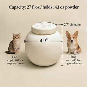 White ceramic pet urn with speckled glaze and matching lid, designed for a dog or cat memorial box and remembrance display. Capacity: 27 fl oz/holds 14.1 oz powder, it's 2.7'' inch diameter lid and 4.9'' inch diameter body.