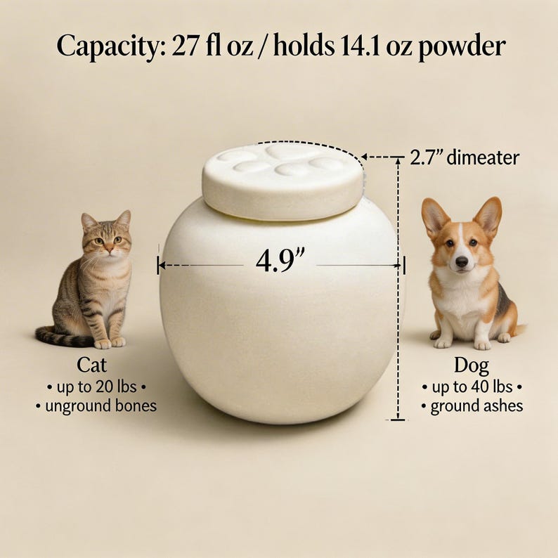 White ceramic pet urn with speckled glaze and matching lid, designed for a dog or cat memorial box and remembrance display. Capacity: 27 fl oz/holds 14.1 oz powder, it's 2.7'' inch diameter lid and 4.9'' inch diameter body.