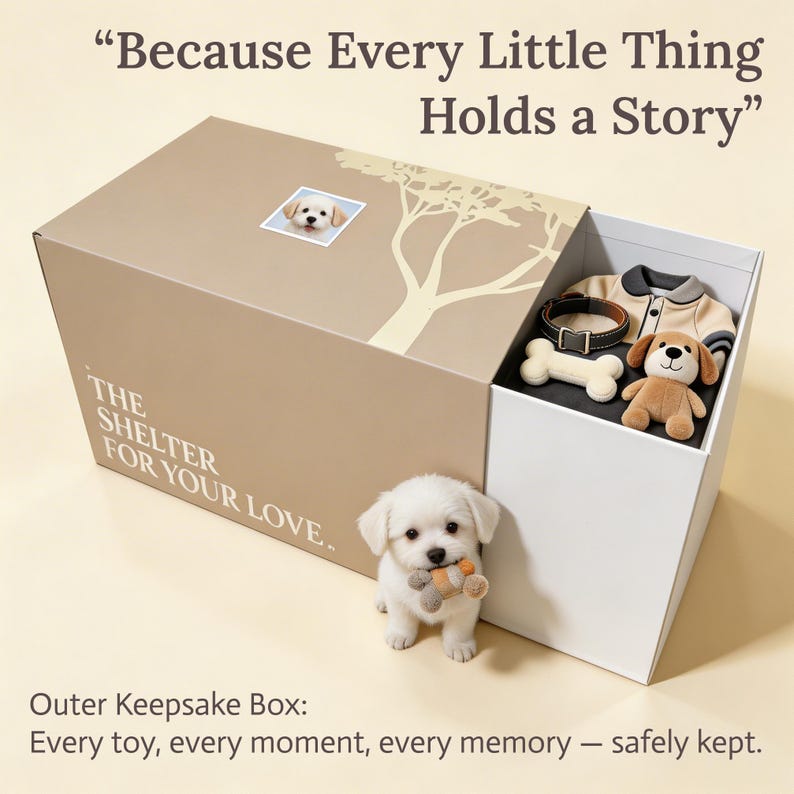 May include: A beige rectangular keepsake box with a sliding white drawer containing a small tan jacket, a dark collar, a bone-shaped toy, and a plush dog. The box features the text "Because Every Little Thing Holds a Story" and "THE SHELTER FOR YOUR LOVE."