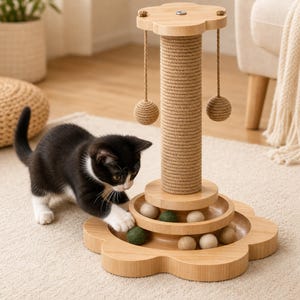 May include: A light-colored wooden cat scratching post with a flower-shaped base and top. The central pillar is wrapped in tan sisal rope with two hanging rope balls. The base features a circular track containing several small felt balls.