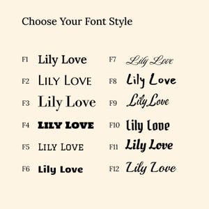 May include: A font style selection chart featuring the heading Choose Your Font Style followed by twelve distinct black typeface options labeled F1 through F12. Each option displays the text Lily Love in a unique font style and weight.