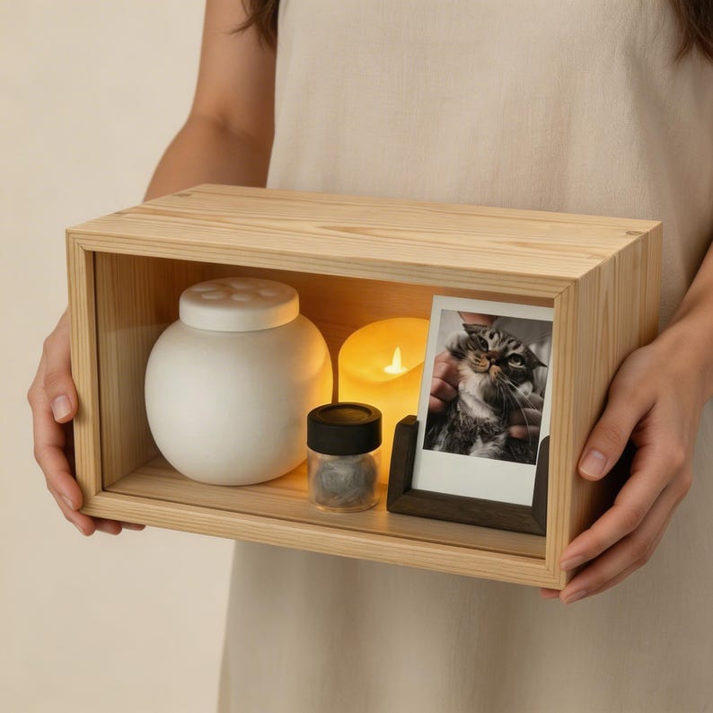 May include: A rectangular light-colored wooden shadow box display case containing a white spherical ceramic jar with a lid, a small cylindrical glass jar with a black lid, a yellow LED candle, and a framed photograph of a cat.