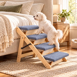 May include: A four-step pet staircase featuring a light-colored wooden frame and blue fabric-covered treads. The steps are arranged in a tiered design, providing an incline for small animals to reach elevated surfaces like a bed or furniture.
