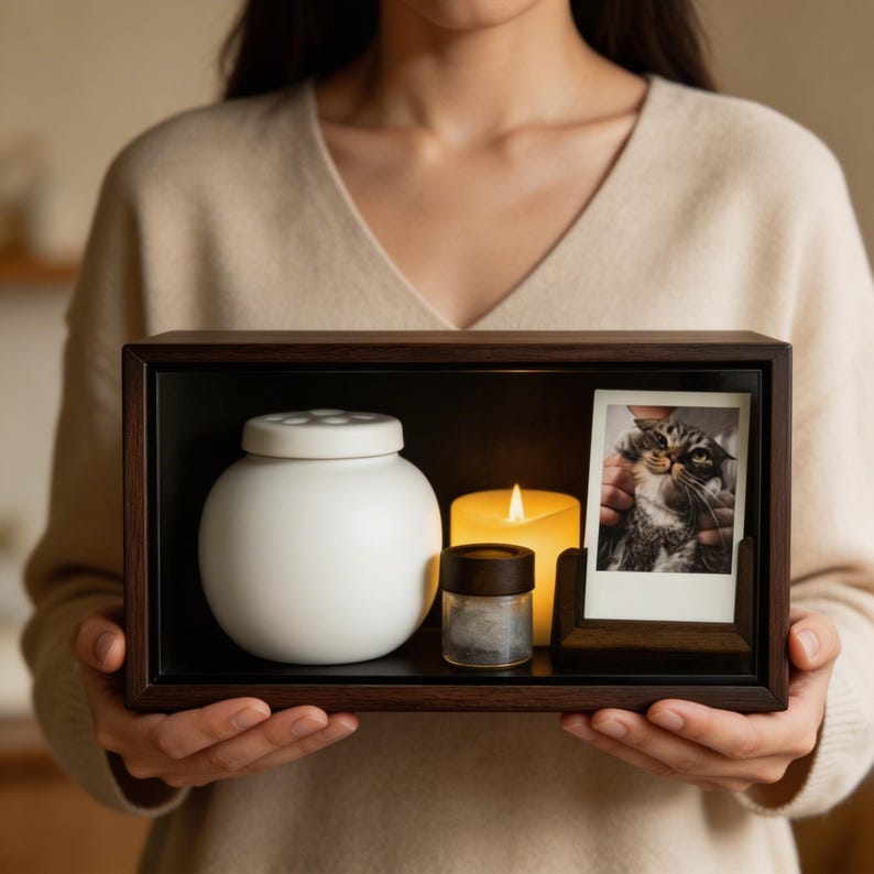 May include: A rectangular dark wood shadow box display case containing a white ceramic lidded jar, a small glass jar with a dark wood lid, a yellow pillar candle, and a vertical photograph of a cat held in a small dark wood stand.