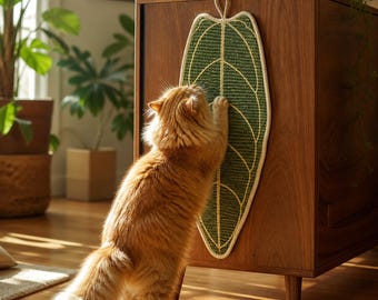 Leaf Cat Scratcher Mat, Large Wall or Floor Cat Scratch Pad, Green Woven Furniture Scratch Guard, Cat Enrichment Decor